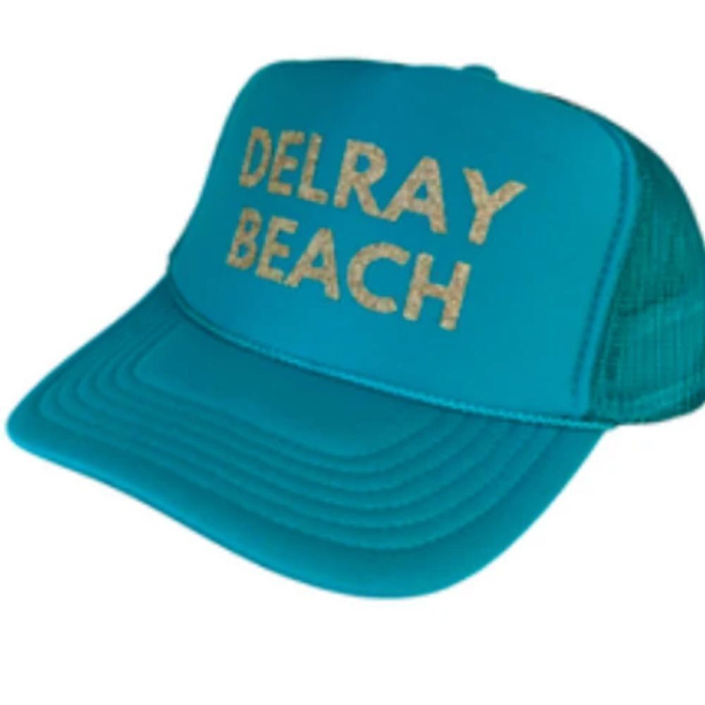 Delray Beach BRAND NEW Snap Back Trucker Hat Teal & Gold BOLD Glitter Writing